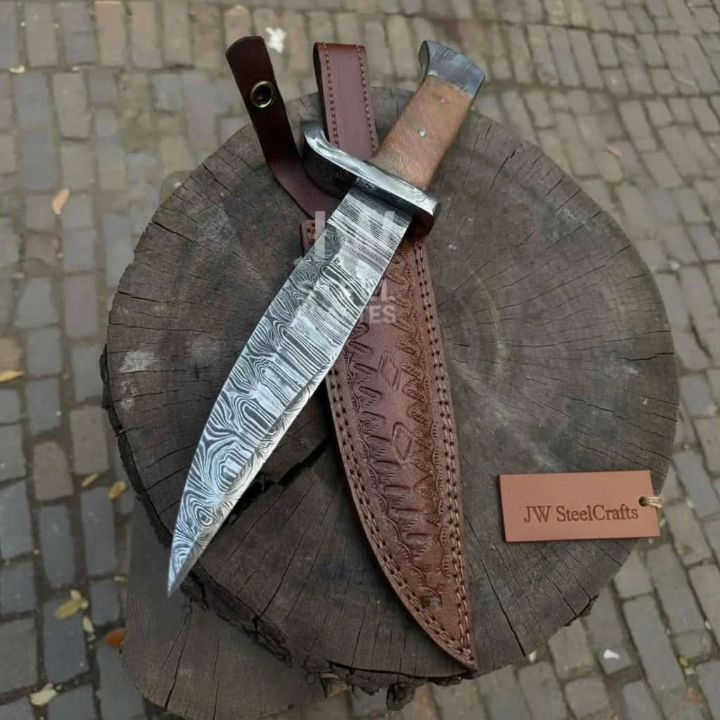 14-Inch Damascus Frontier Bowie Knife — 9-Inch Blade, Lace Wood Coffin Handle, Steel Guard & Tooled Leather Sheath by JW SteelCrafts