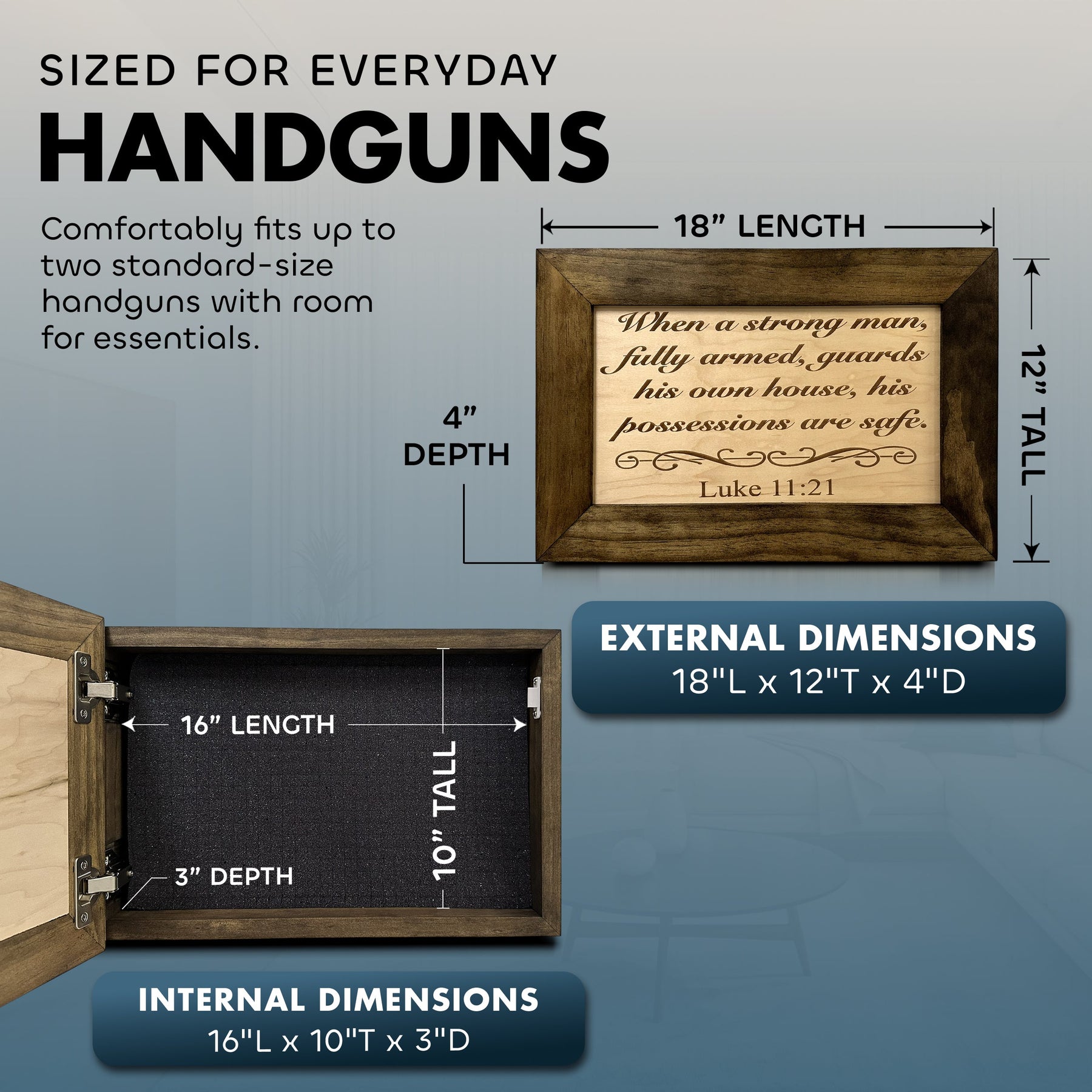 Luke 11:21 Wall Gun Safe - Religious Hidden Gun Safe - Handcrafted Concealment Furniture for Guns - Quick Access Firearm Storage with Magnetic Lock - Hidden Shelf Safe