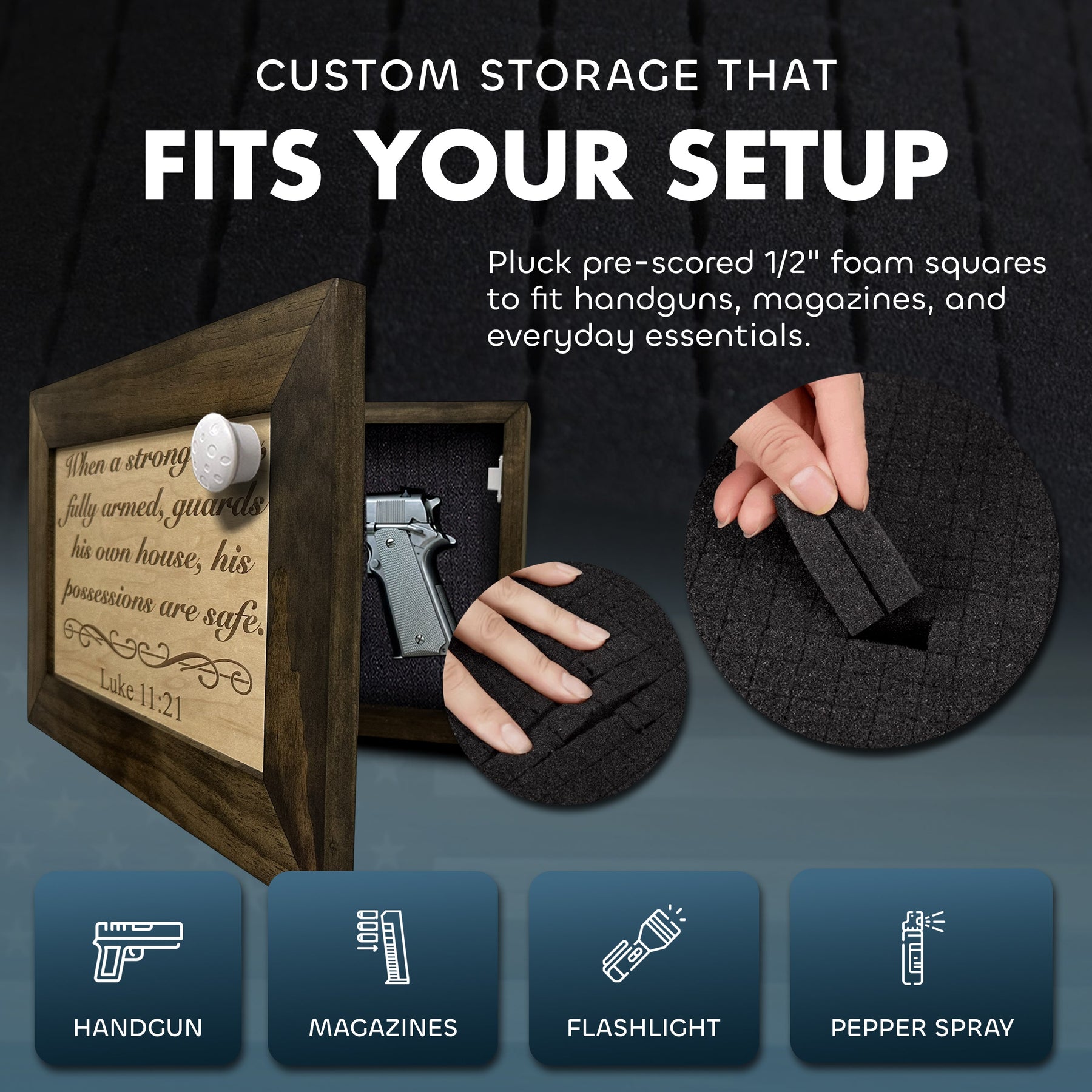 Luke 11:21 Wall Gun Safe - Religious Hidden Gun Safe - Handcrafted Concealment Furniture for Guns - Quick Access Firearm Storage with Magnetic Lock - Hidden Shelf Safe