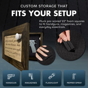 Luke 11:21 Wall Gun Safe - Religious Hidden Gun Safe - Handcrafted Concealment Furniture for Guns - Quick Access Firearm Storage with Magnetic Lock - Hidden Shelf Safe