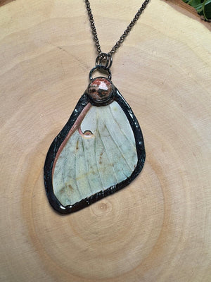 Luna Moth Wing and Leopard Skin Jasper Necklace