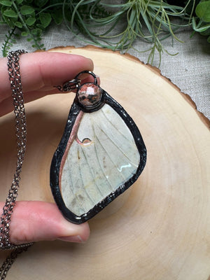 Luna Moth Wing and Leopard Skin Jasper Necklace