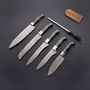 5-Piece Damascus Kitchen Knife Set — 9" Uniform Blades, Black Handles with Steel Bolsters, Leather Roll & Honing Rod