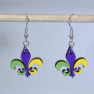 Mardi Gras Fleur-de-lis Wooden Dangle Earrings | New Orleans Jewelry