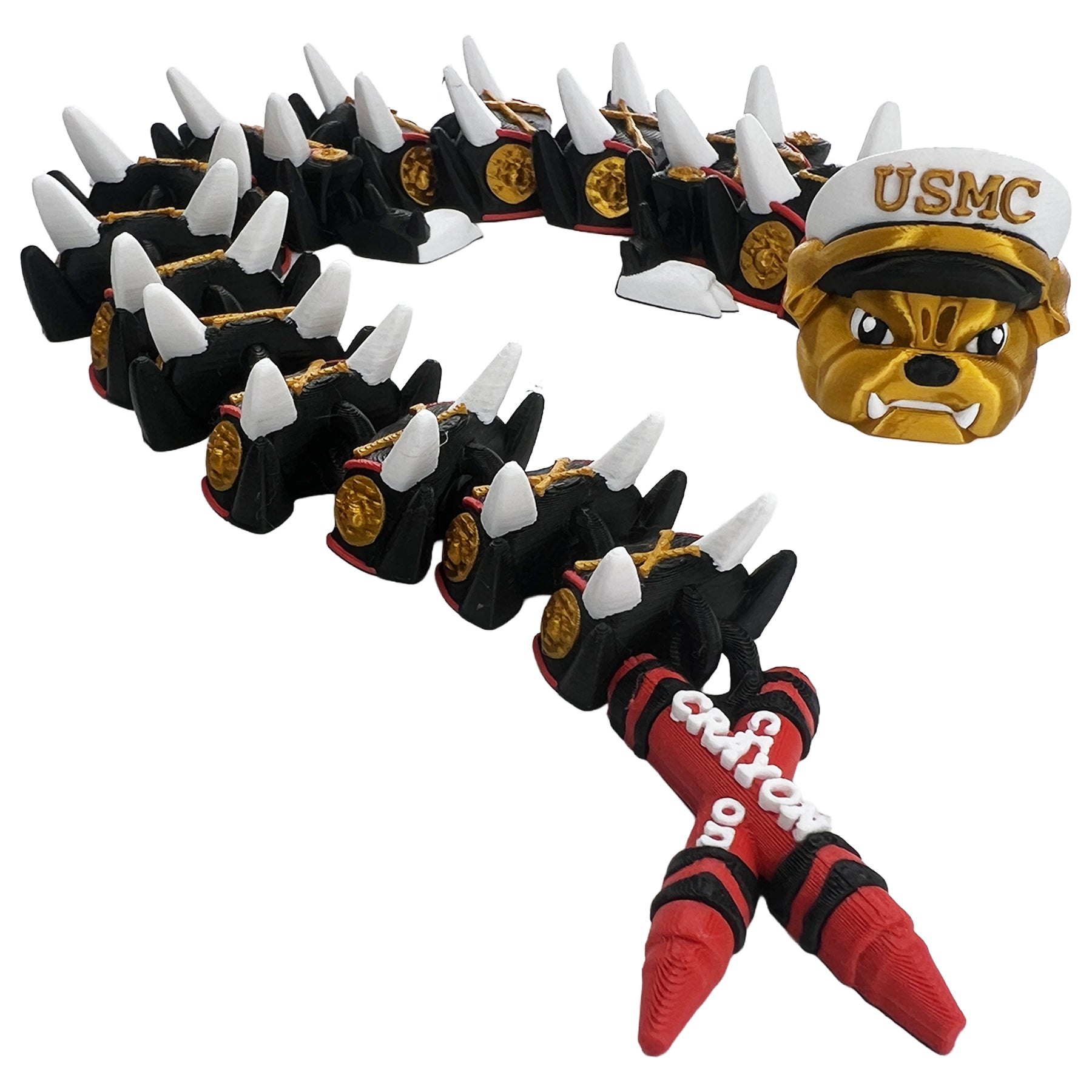 Marine Corps bulldog dragon with USMC cover and red crayon tail