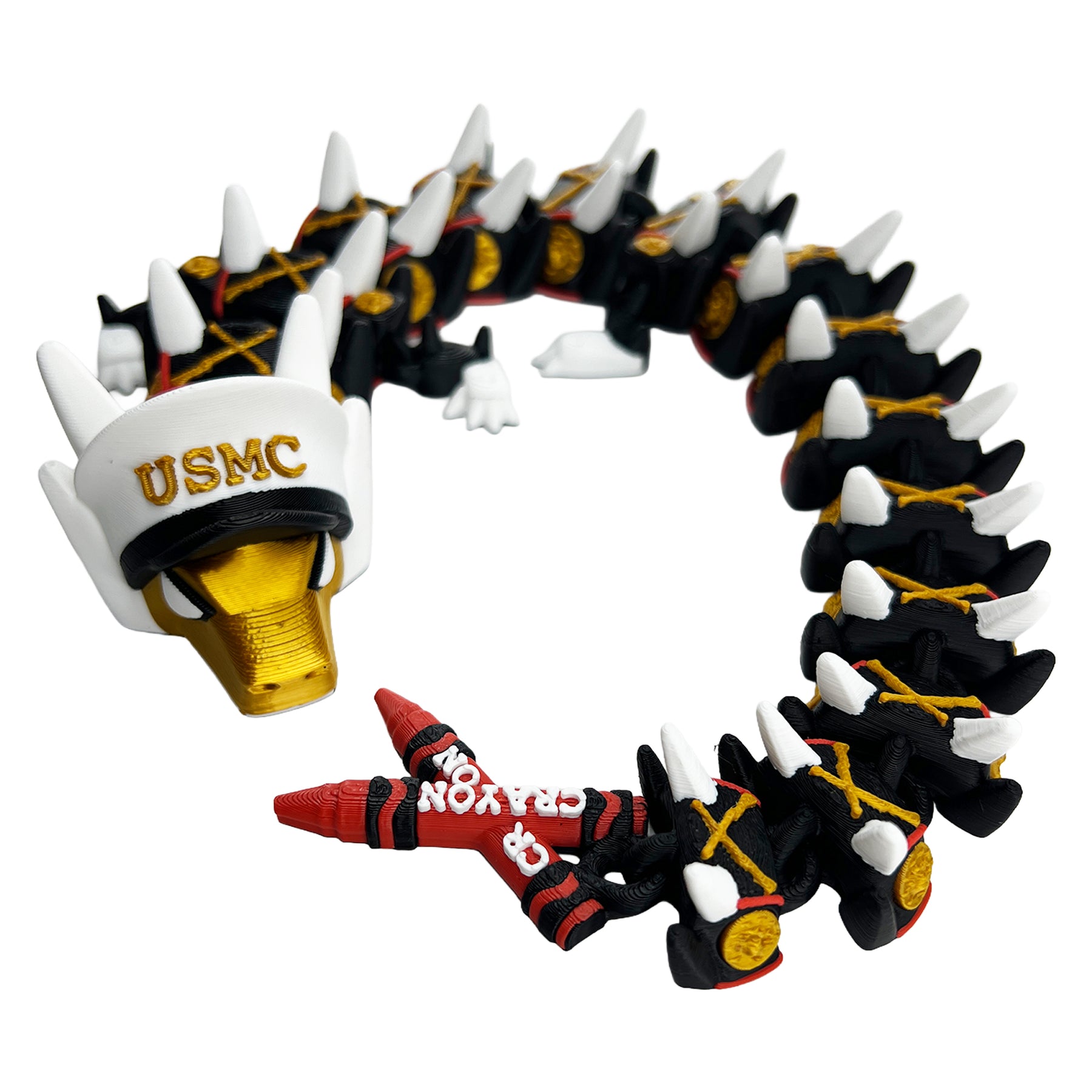Full length Marine Corps articulated dragon with USMC cover and crayon tail