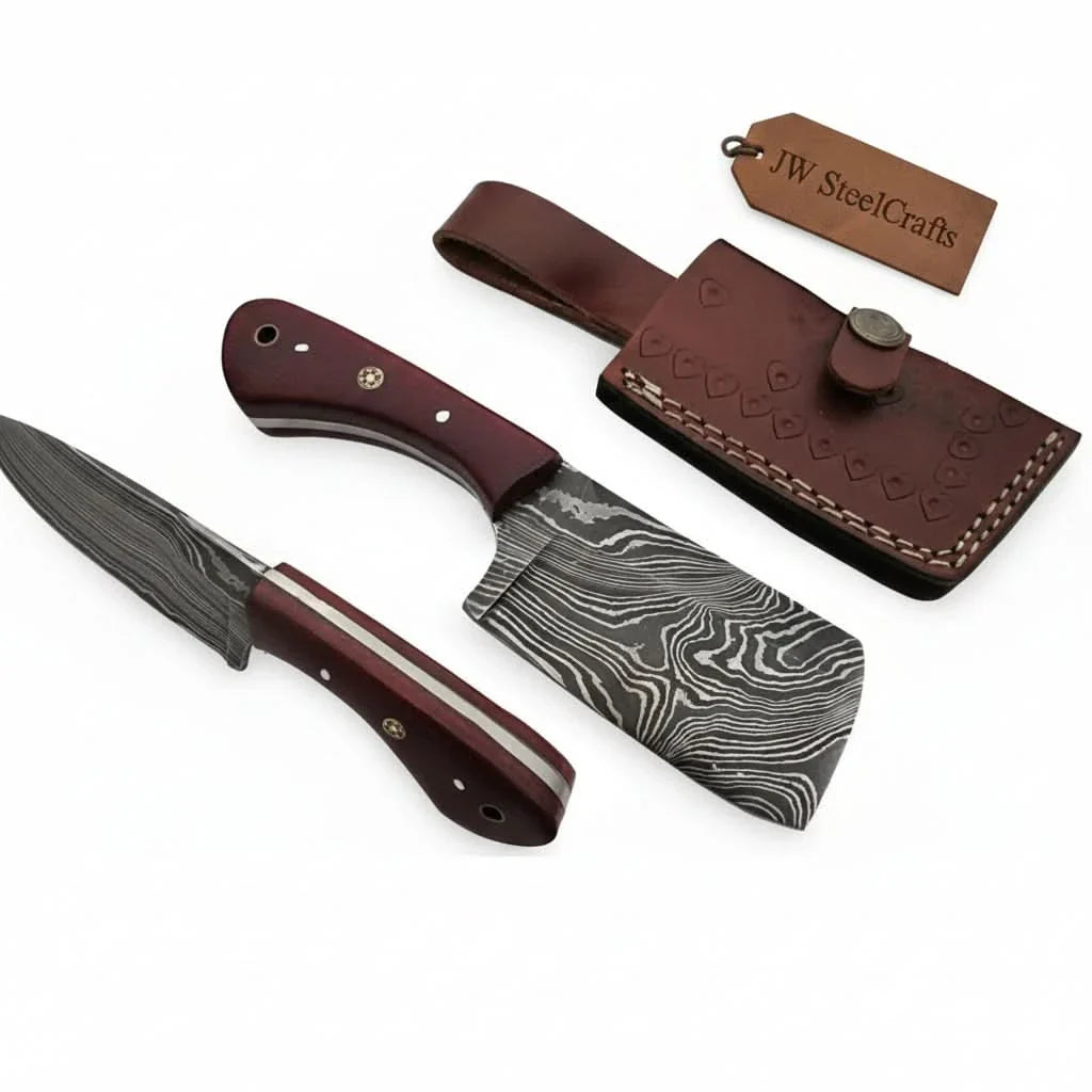 6-Inch Compact Damascus Mini Cleaver — Twisted Pattern Blade, Red Micarta Handle, Mosaic Pin & Tooled Leather Sheath | JW Steel Crafts by JW SteelCrafts