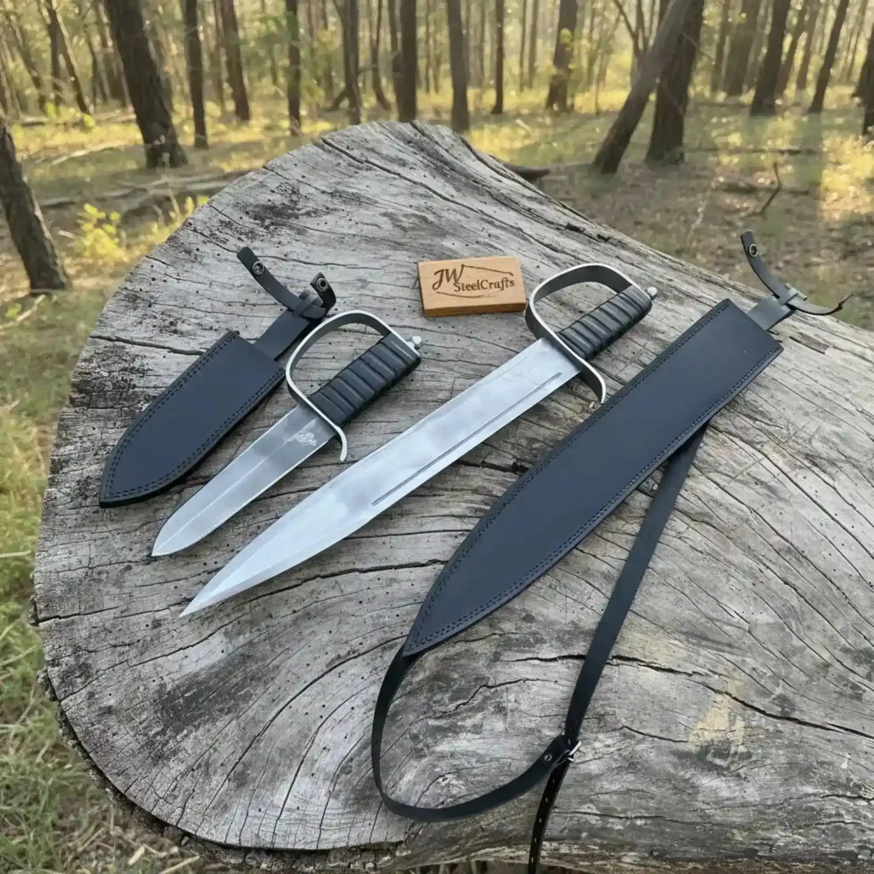 Full-length carbon steel steel replica sword with premium handle on dark background
