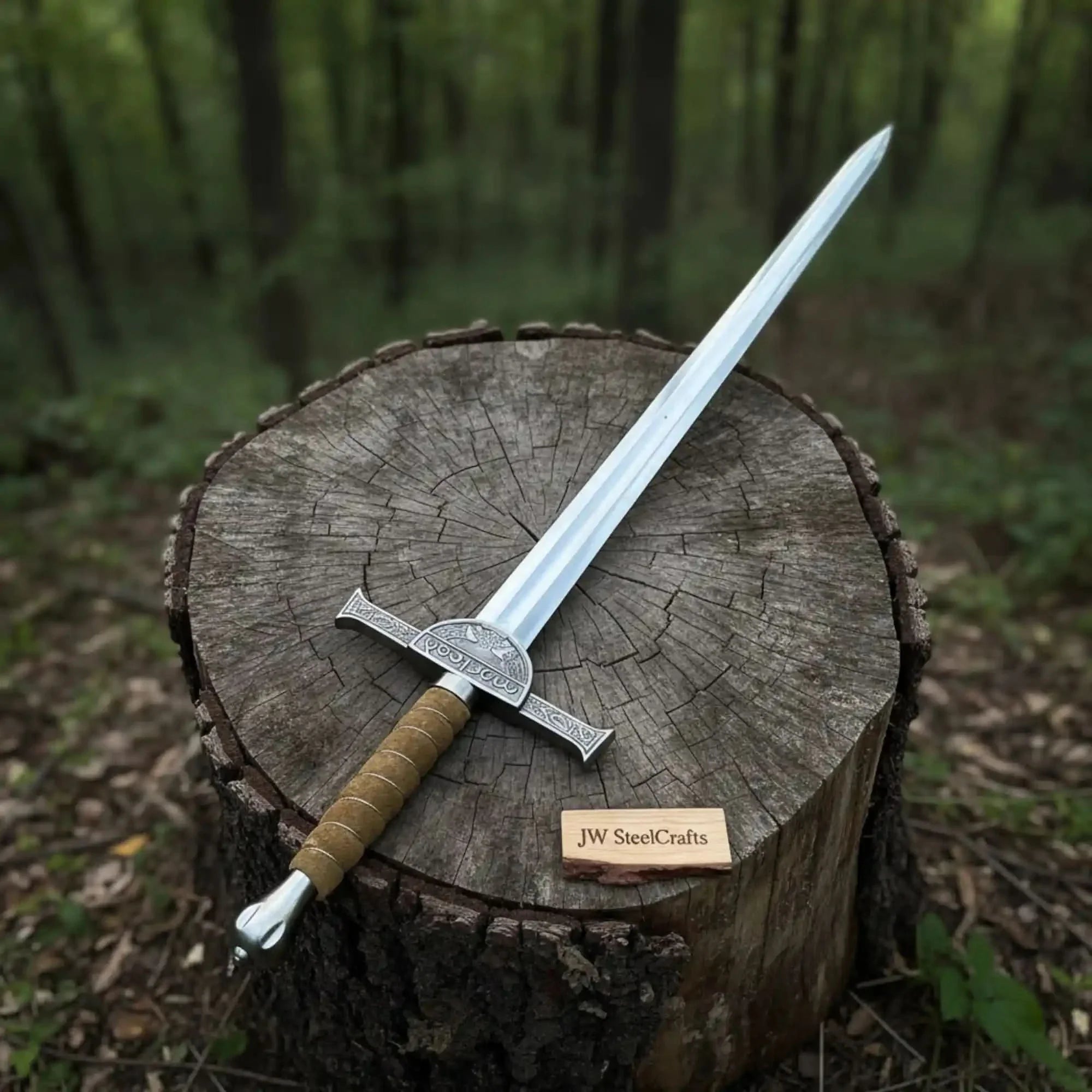 Full-length carbon steel steel replica sword with premium handle on dark background
