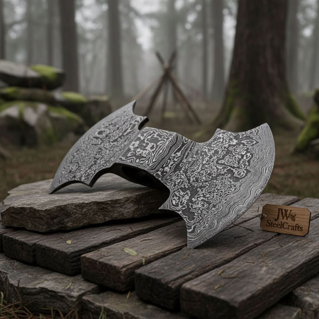 Damascus steel axe head with premium handle on rustic wood surface