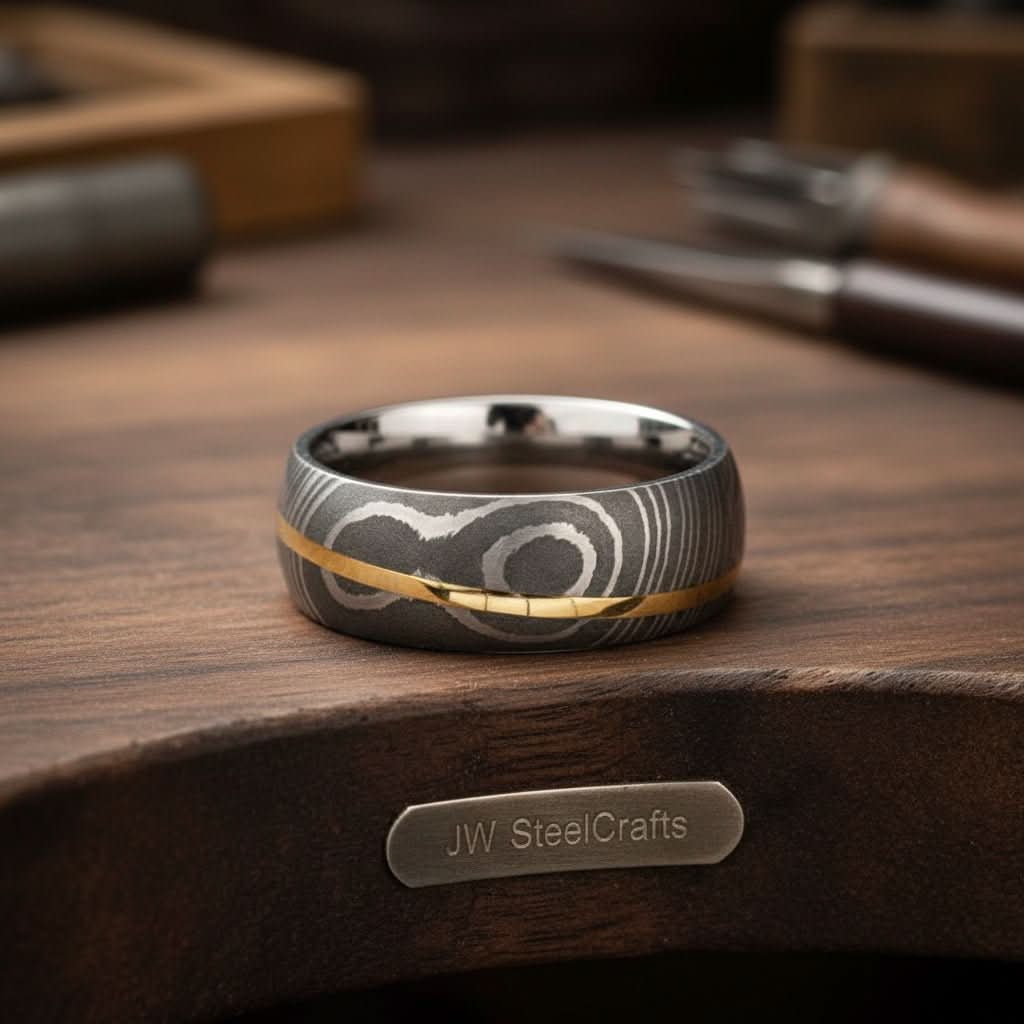 Mens Damascus Steel Wedding Band Raindrop Pattern with Brass Inlay by JW SteelCrafts