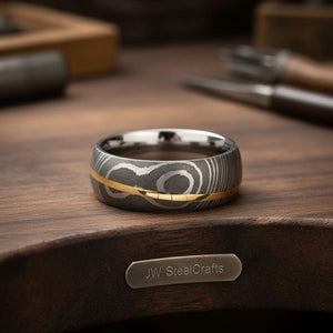 Mens Damascus Steel Wedding Band Raindrop Pattern with Brass Inlay by JW SteelCrafts