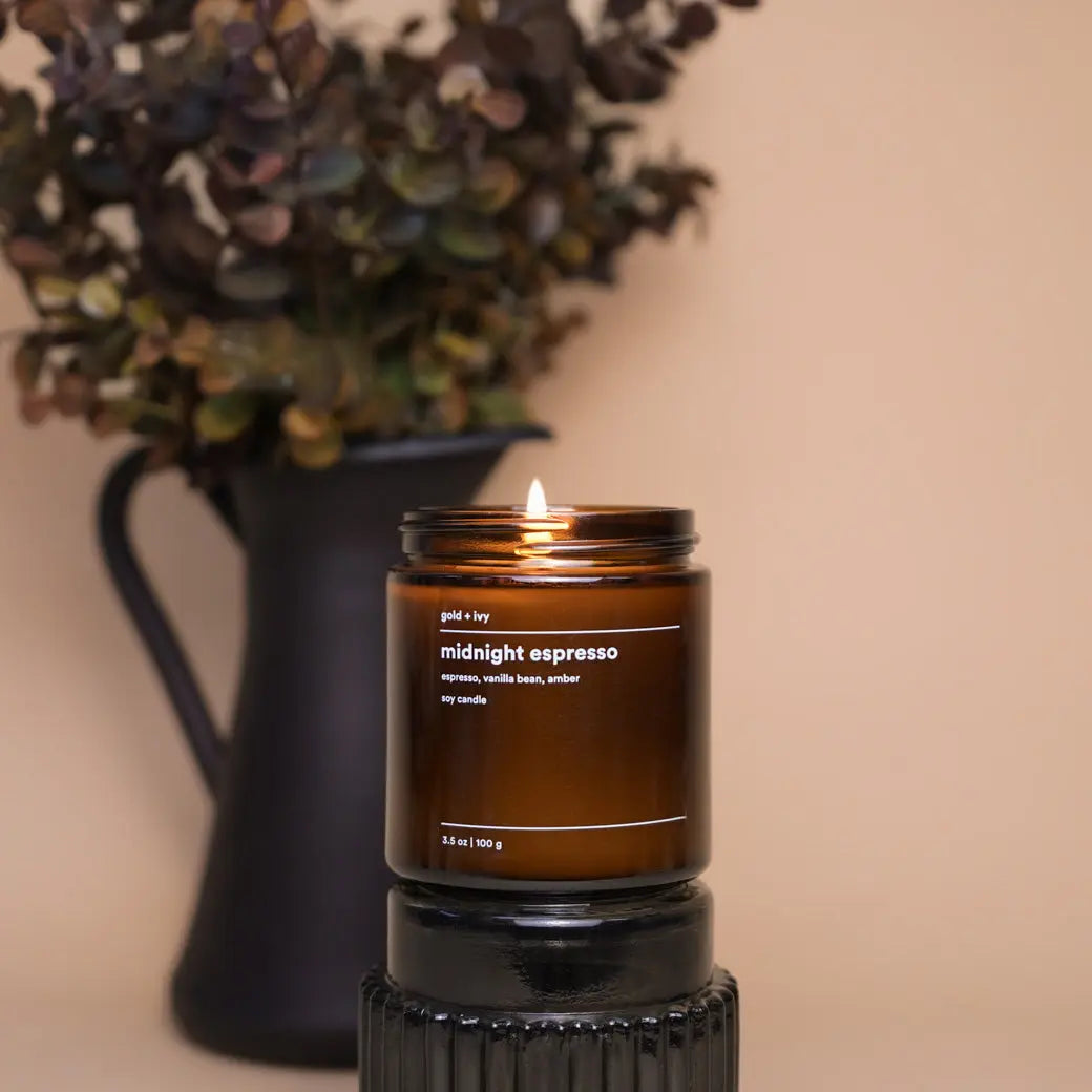 Midnight Espresso soy candle with espresso, vanilla bean, and amber scent notes.