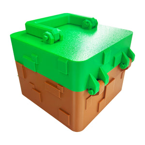 Minecraft-inspired green and brown cube box shown from the rear with hinged lid and carrying handle