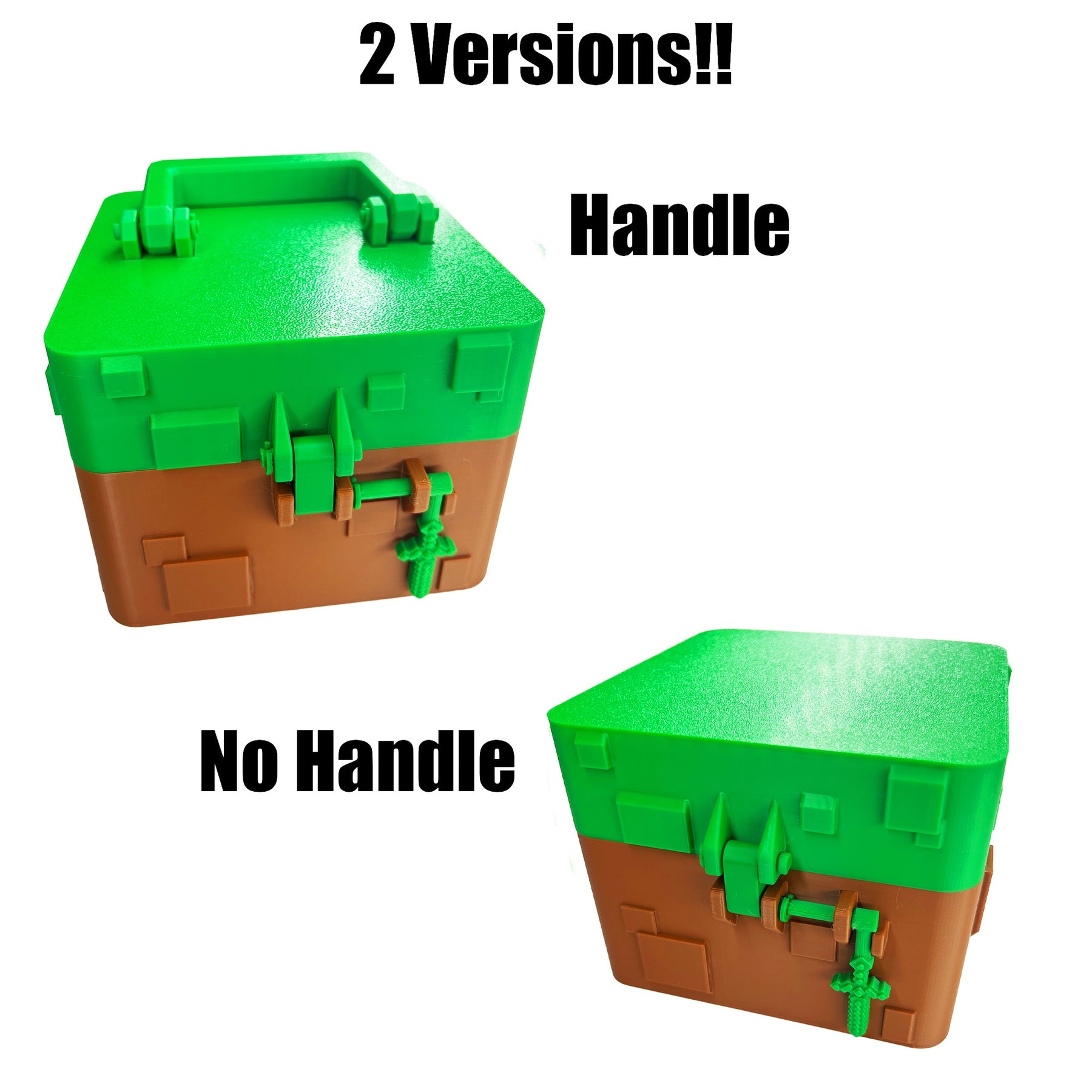 Comparison image showing Minecraft-inspired mystery cube box versions with handle and without handle