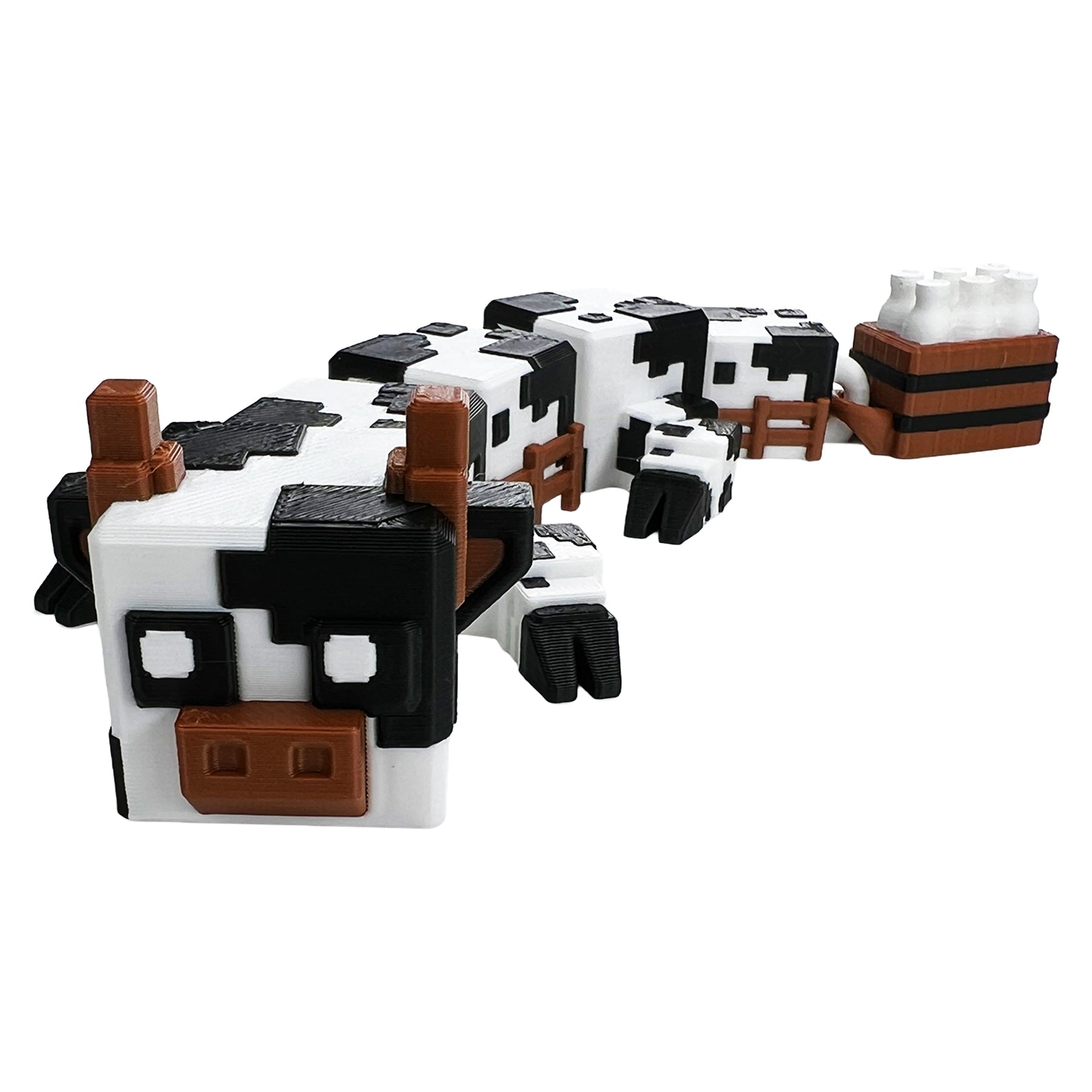 Minecraft-inspired articulated cube cow surprise figure with milk crate tail