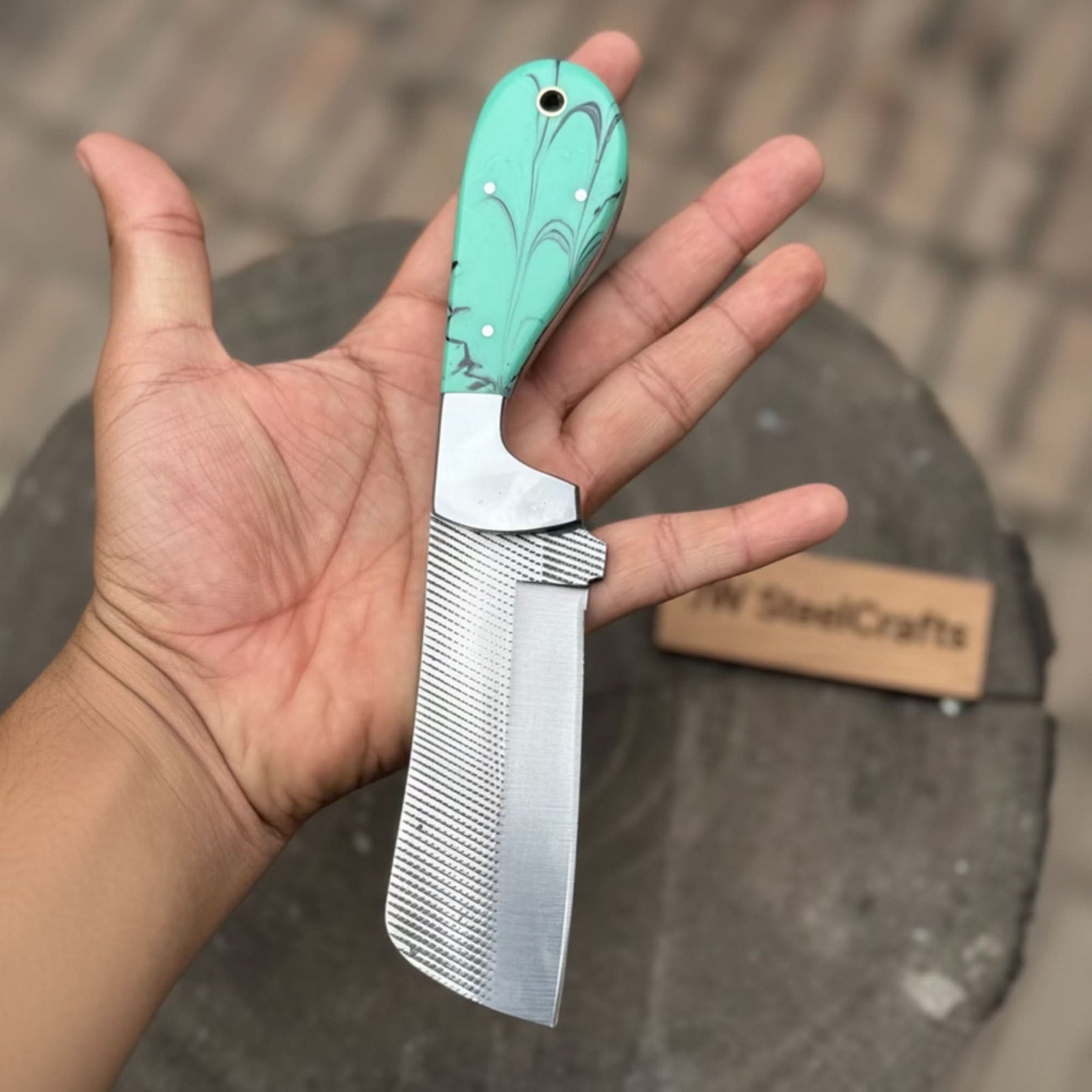 7.5-Inch Rasp Steel Bull Cutter Knife — Teal Marbled Resin Handle, Silver Pins, Lanyard Hole & Leather Sheath | JW Steel Crafts by JW SteelCrafts