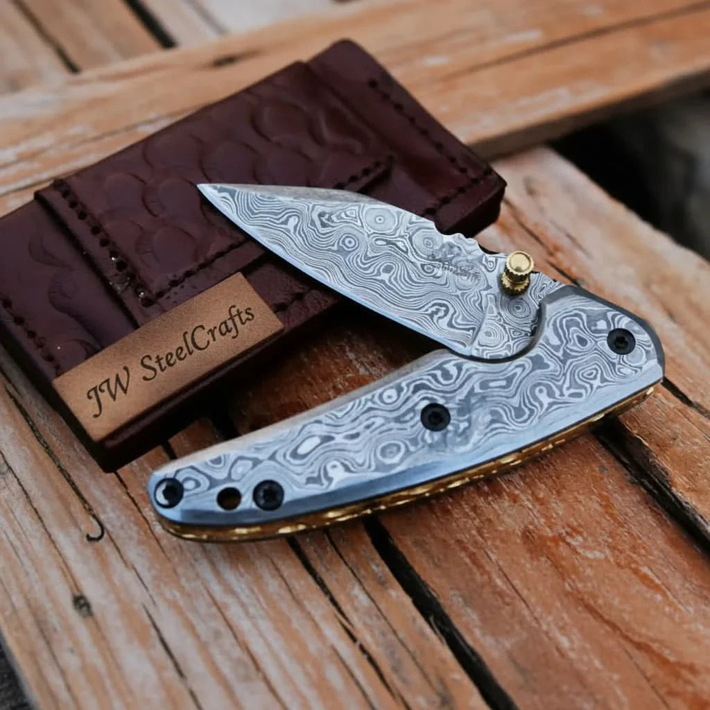 Handmade Damascus Steel Folding Knife with Dark Wood Handle & Leather Sheath by JW SteelCrafts, leather knife sheath main product photo