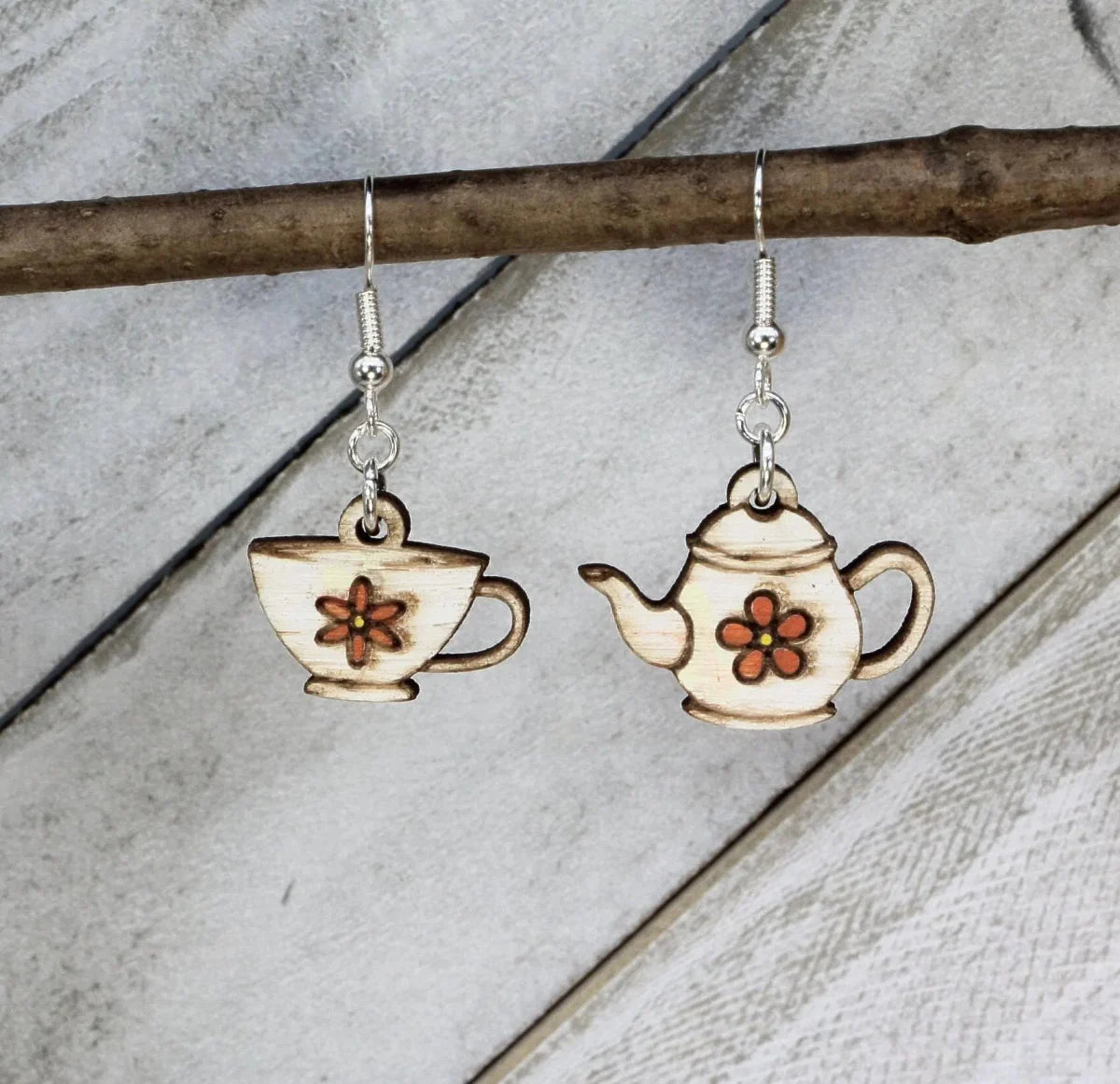 Teapot and Cup Wooden Dangle Earrings | Mismatched Tea Jewelry