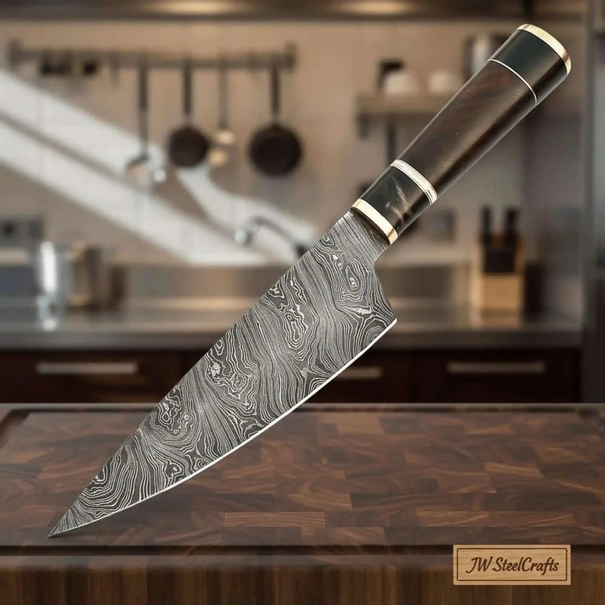 Hammer Forged Twisted 8 Inch Gyuto Damascus Chef Knife with Premium Rosewood Handle by JW SteelCrafts, Damascus knife main product photo