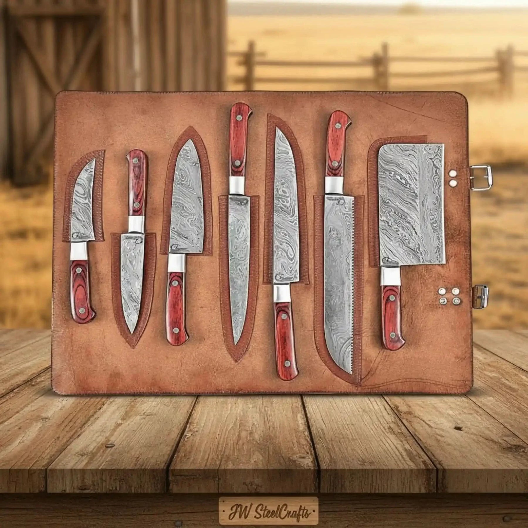 7-Piece Damascus Multi-Knife Set with Bread Knife, Cleaver & Skinner — Red Hardwood Handles, Steel Bolsters & Leather Travel Roll | JW Steel Crafts by JW SteelCrafts