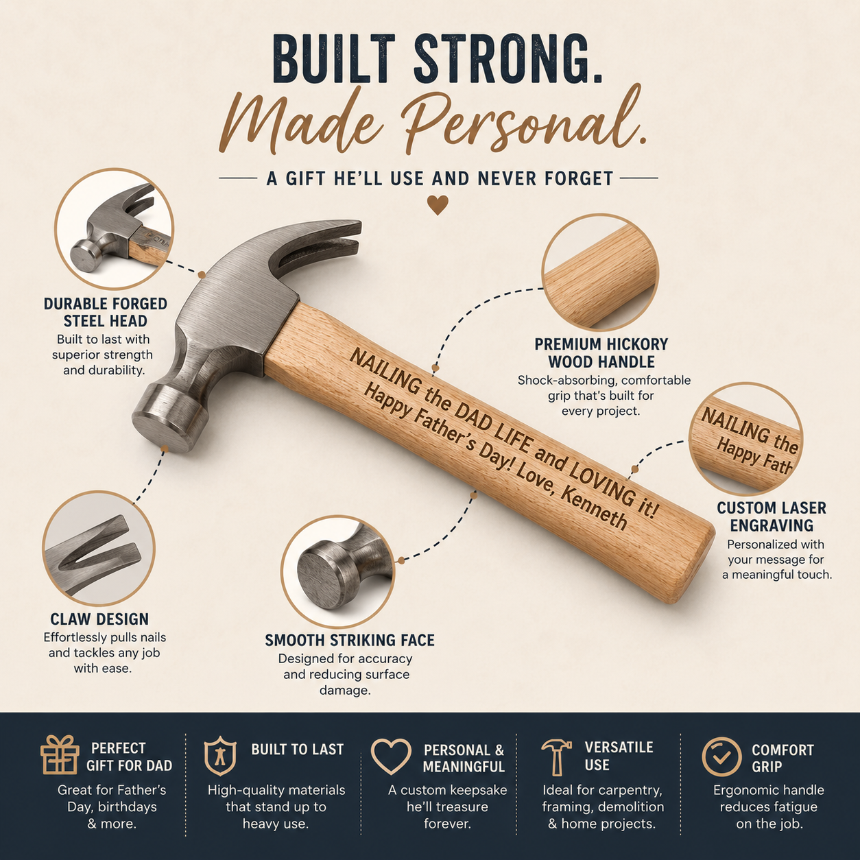 Personalized Engraved Wood Handle Hammer