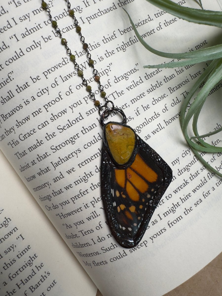 Natural Turquoise and Butterfly Wing Necklace with Unakite Jasper Beaded Chain