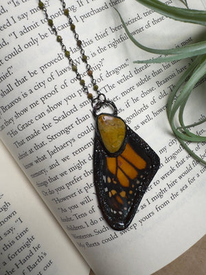 Natural Turquoise and Butterfly Wing Necklace with Unakite Jasper Beaded Chain