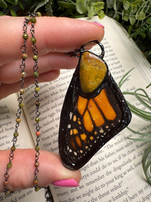 Natural Turquoise and Butterfly Wing Necklace with Unakite Jasper Beaded Chain
