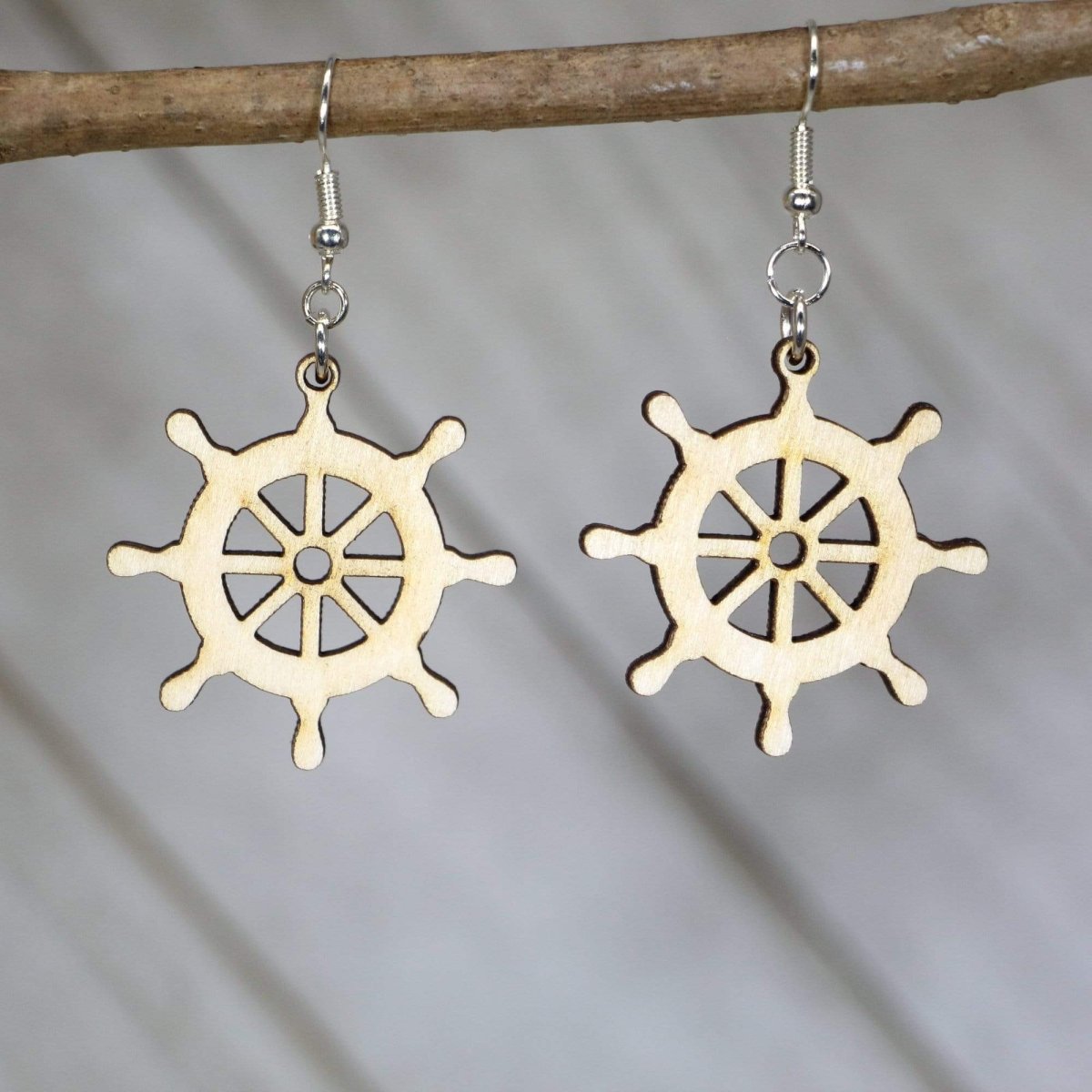 Nautical Ship Wheel Wooden Dangle Earrings | Coastal Jewelry