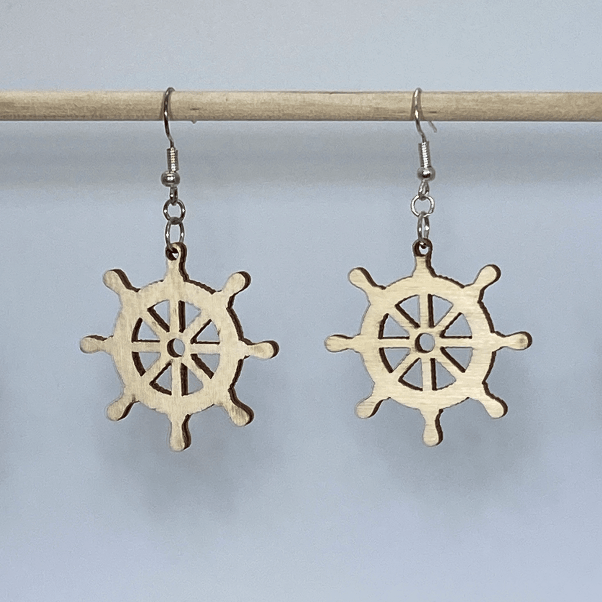 Nautical Ship Wheel Wooden Dangle Earrings | Coastal Jewelry