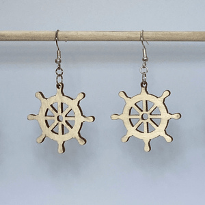 Nautical Ship Wheel Wooden Dangle Earrings | Coastal Jewelry