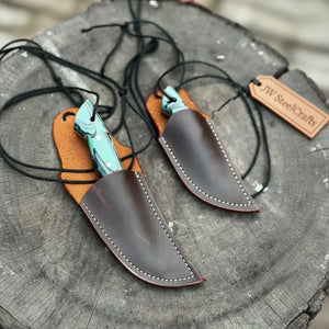 Neck Knife with Leather Sheath – Mini Damascus Pattern Blade | Green Resin Handle | JW SteelCrafts