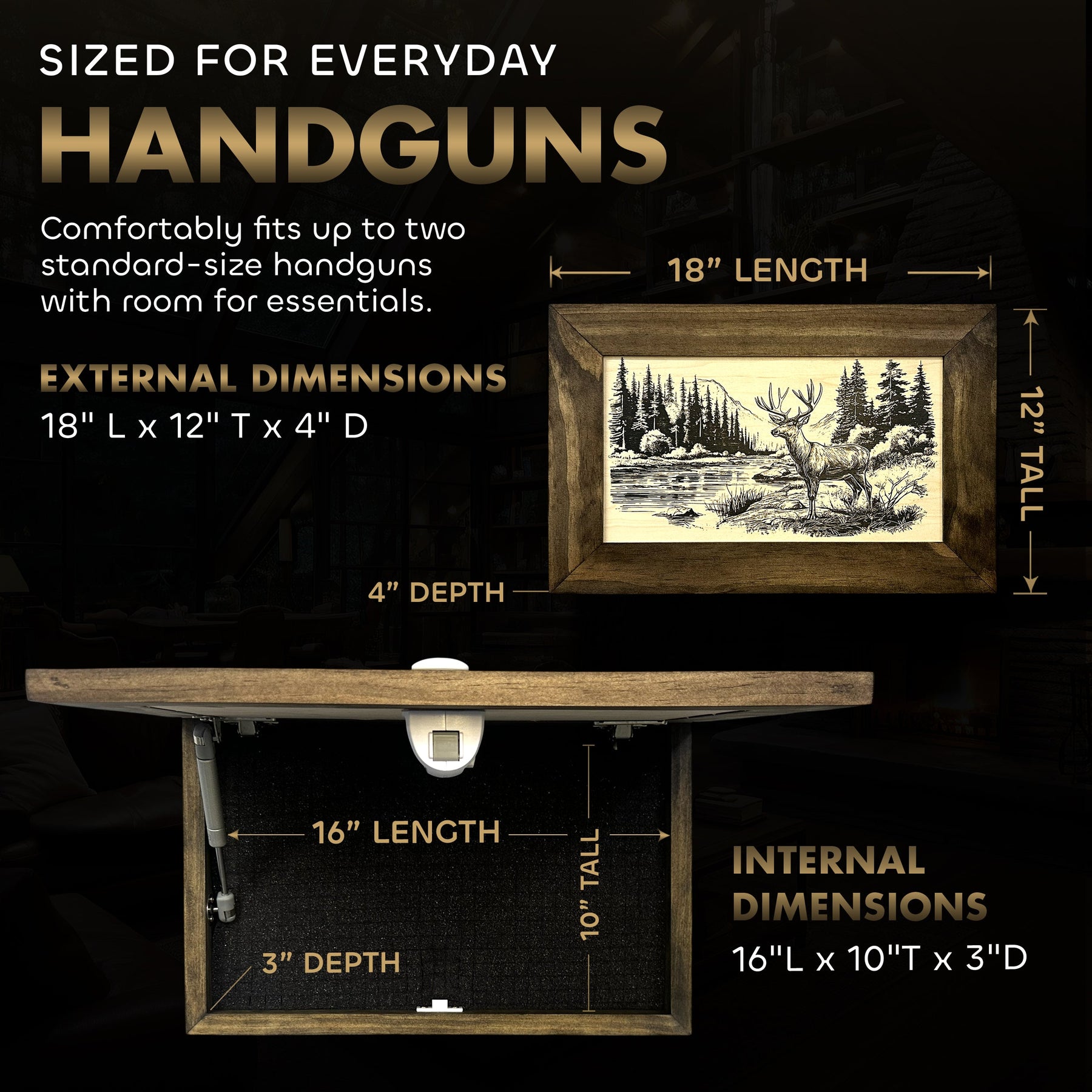 Deer Stream Buck Mountains Gun Concealment Furniture - Handcrafted Hidden Gun Storage Wall Decor - Hidden Safe Furniture with Magnetic Lock for Quick Access & Storage