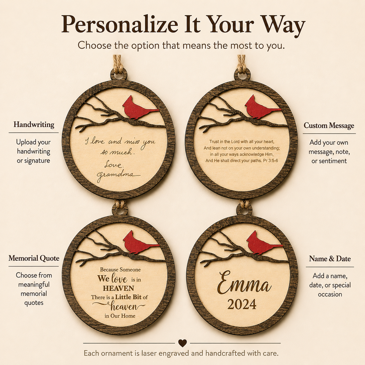 Personalized Cardinal Ornament with Handwriting or Custom Quote