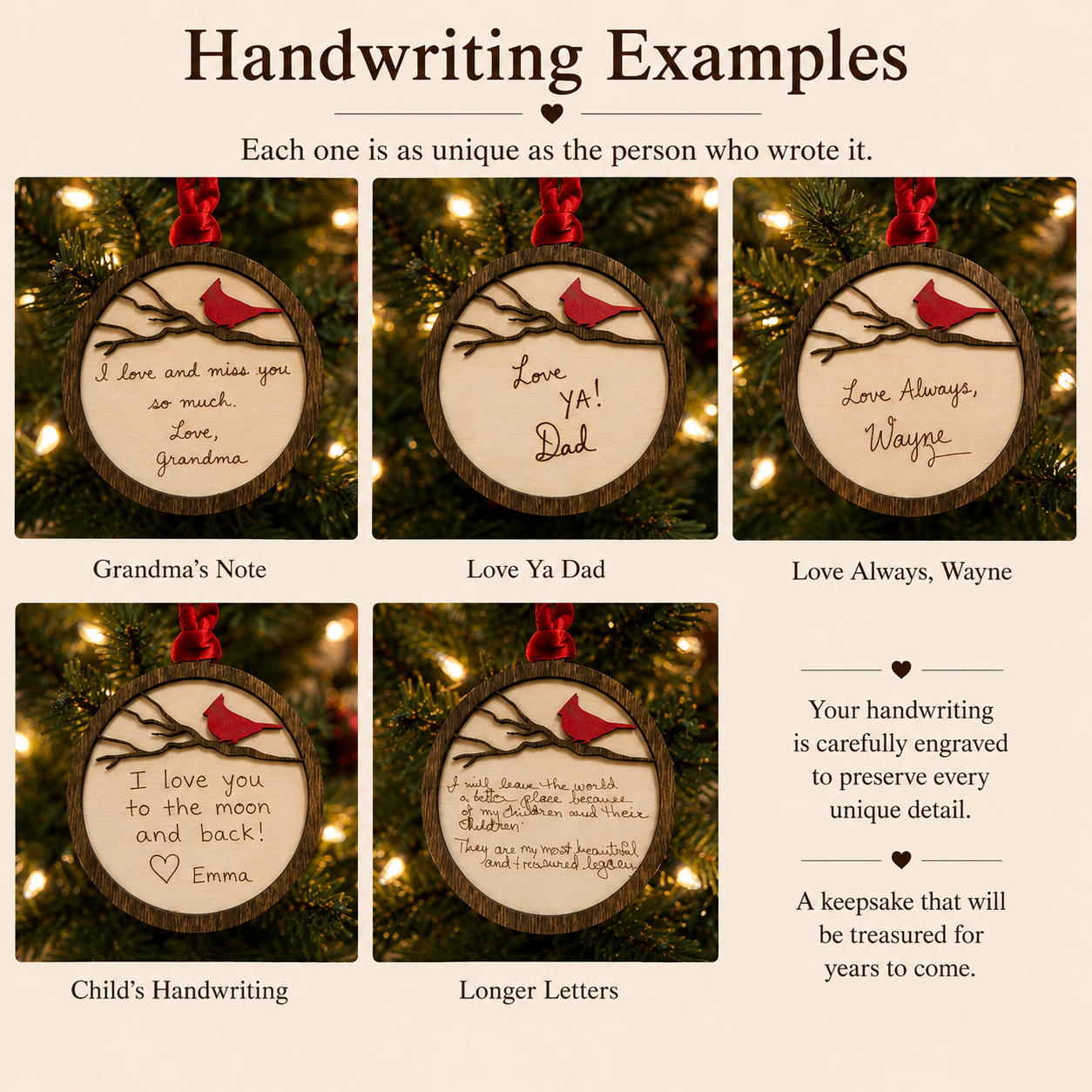 Personalized Cardinal Ornament with Handwriting or Custom Quote