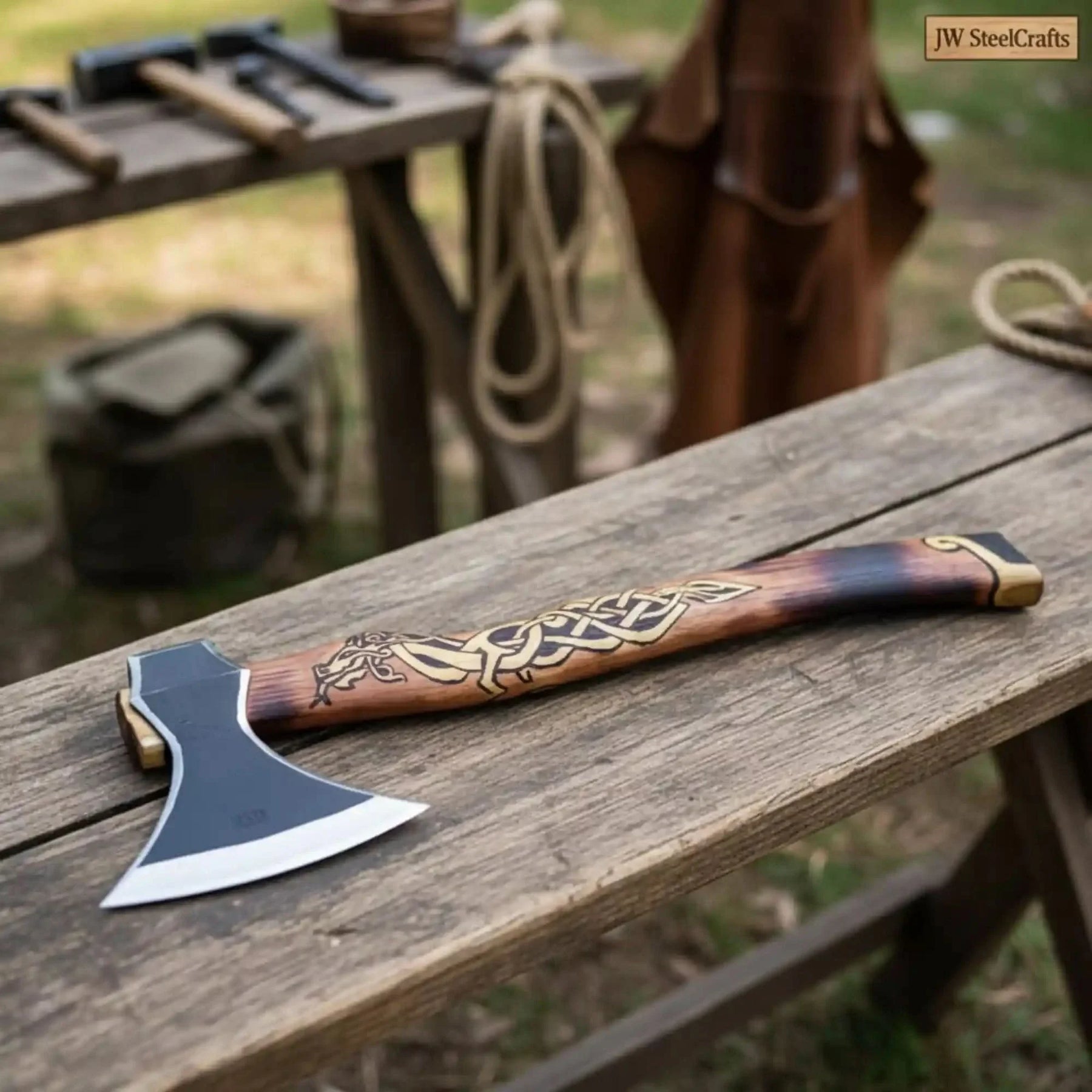 Damascus steel axe head with wood handle on rustic wood surface