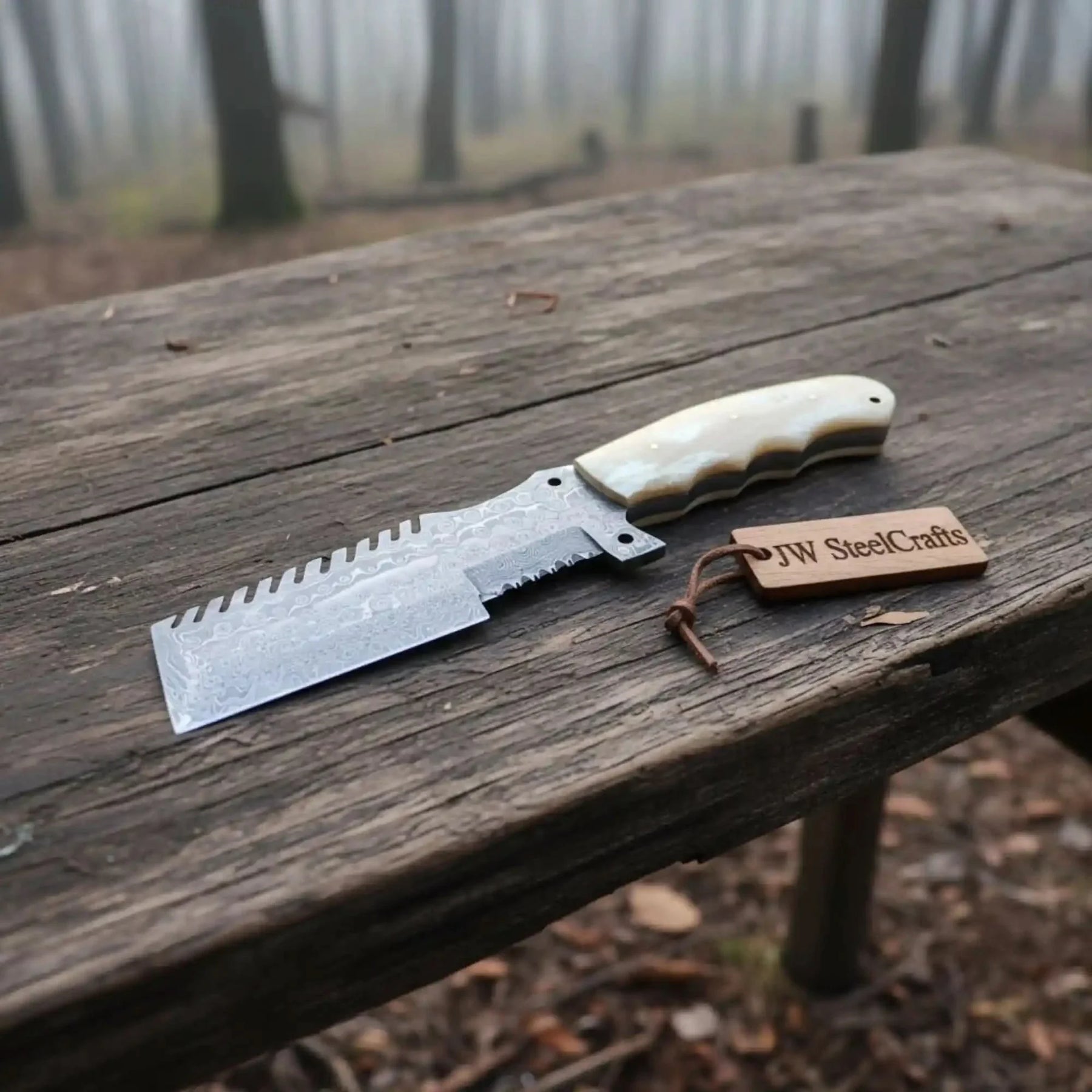 Handmade damascus steel knife with bone handle on dark surface