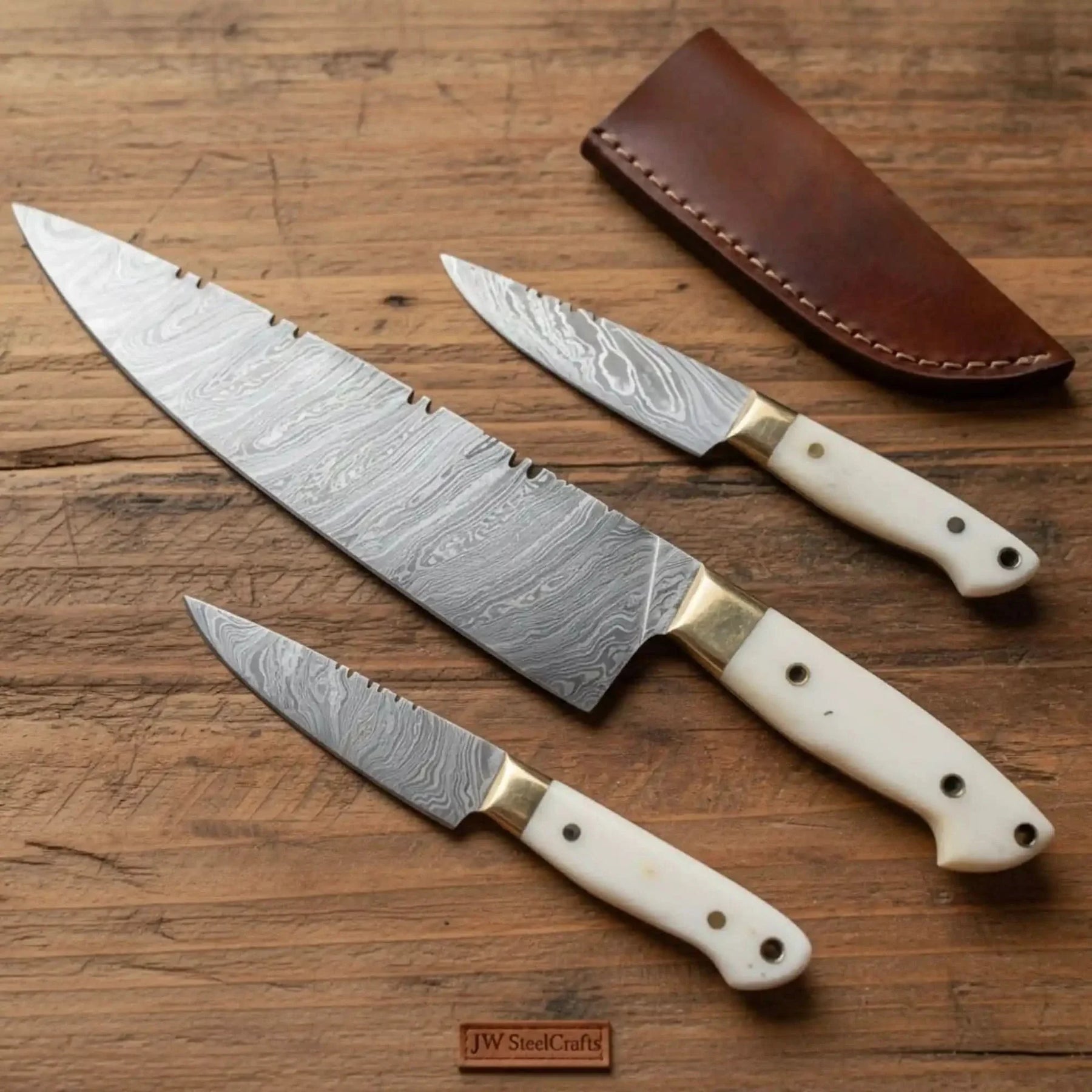 3-Piece Damascus Chinese Cleaver Knife Set – 14" Cleaver, Utility & Paring Knives, White Micarta Handles, Brass Bolsters by JW SteelCrafts