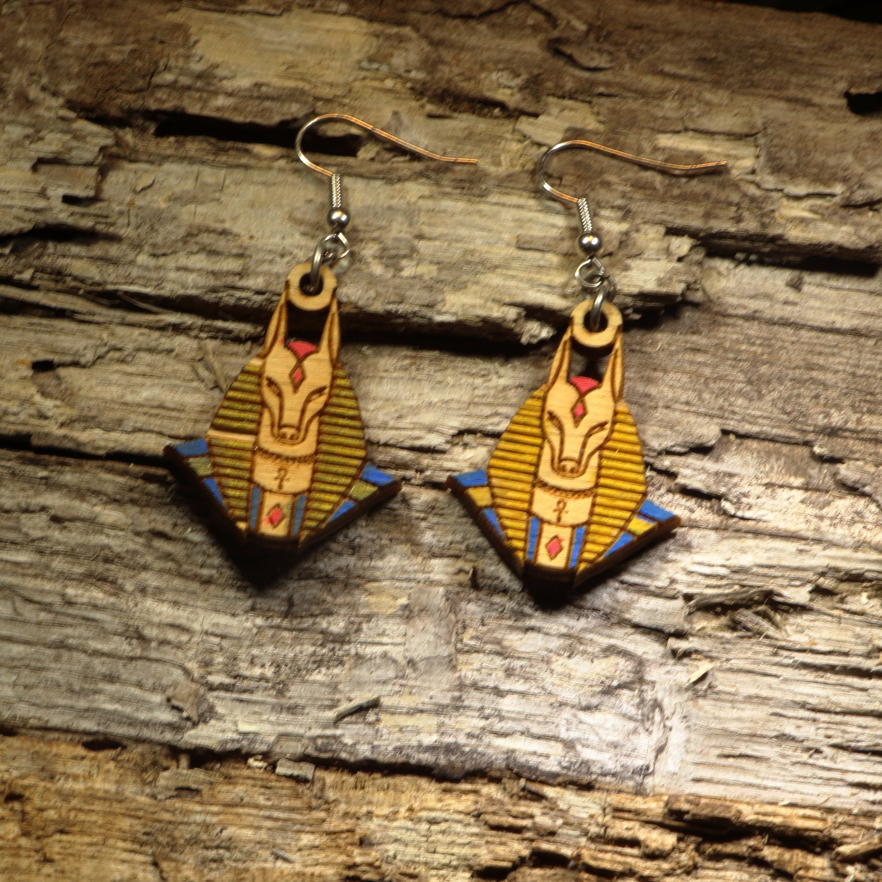 Anubis Wooden Dangle Earrings | Egyptian Mythology Jewelry