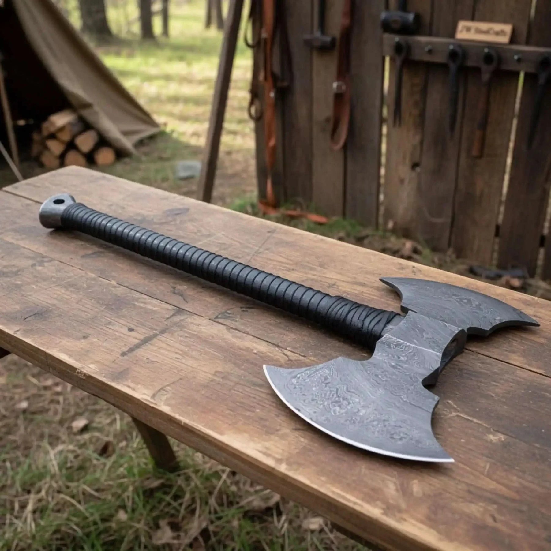 Damascus steel axe head with premium handle on rustic wood surface