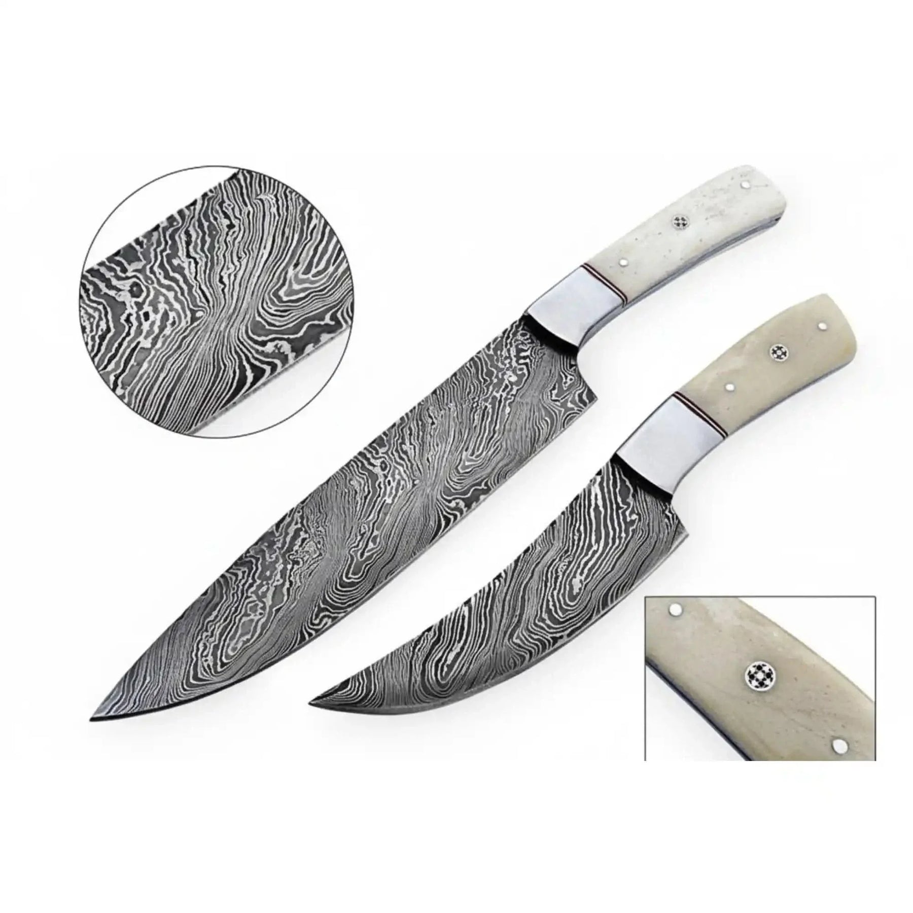 Handmade damascus steel knife with bone handle on dark surface