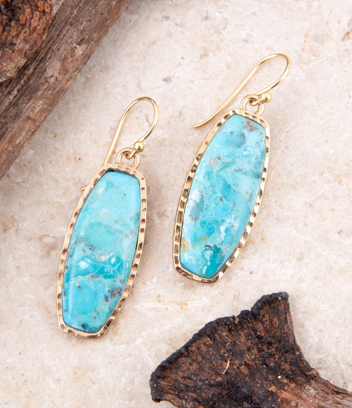 Odyssey Long Blue Turquoise and Golden Statement Earrings detail view by Barse Jewelry