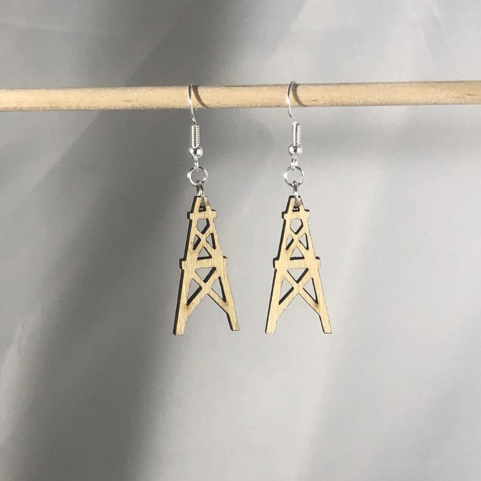 Oil Derrick Wooden Dangle Earrings | Oilfield Industrial Jewelry
