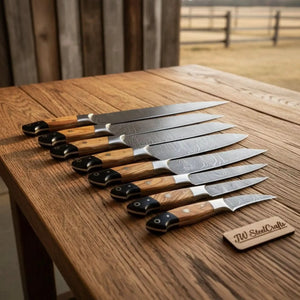 Handmade damascus steel knife with wood handle on dark surface