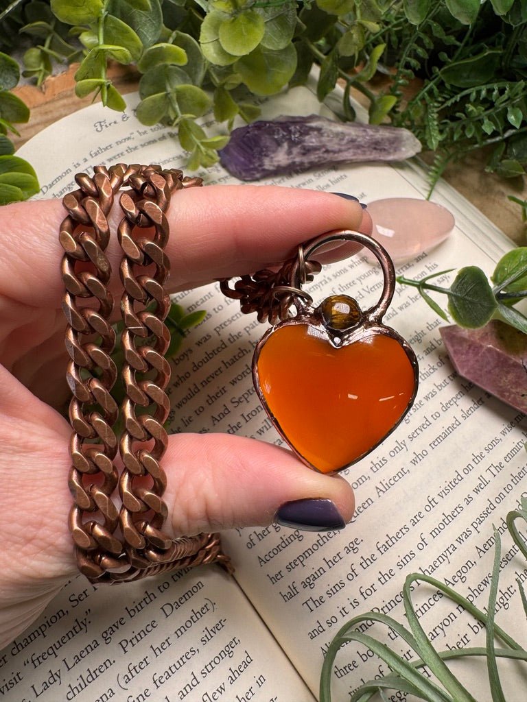 Orange Agate Heart and Tigers Eye Necklace