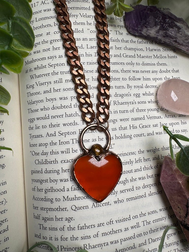 Orange Agate Heart and Tigers Eye Necklace