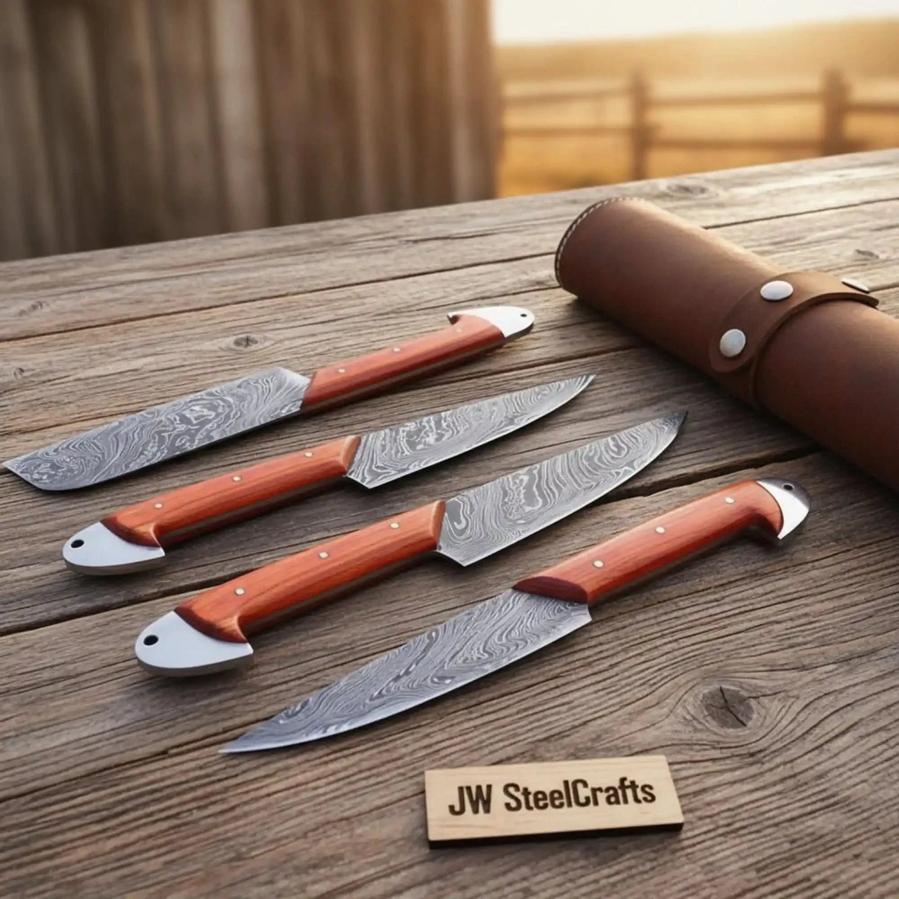 Handmade Damascus Camping & Hunting Knife Set - Orange Wood Handle by JW SteelCrafts