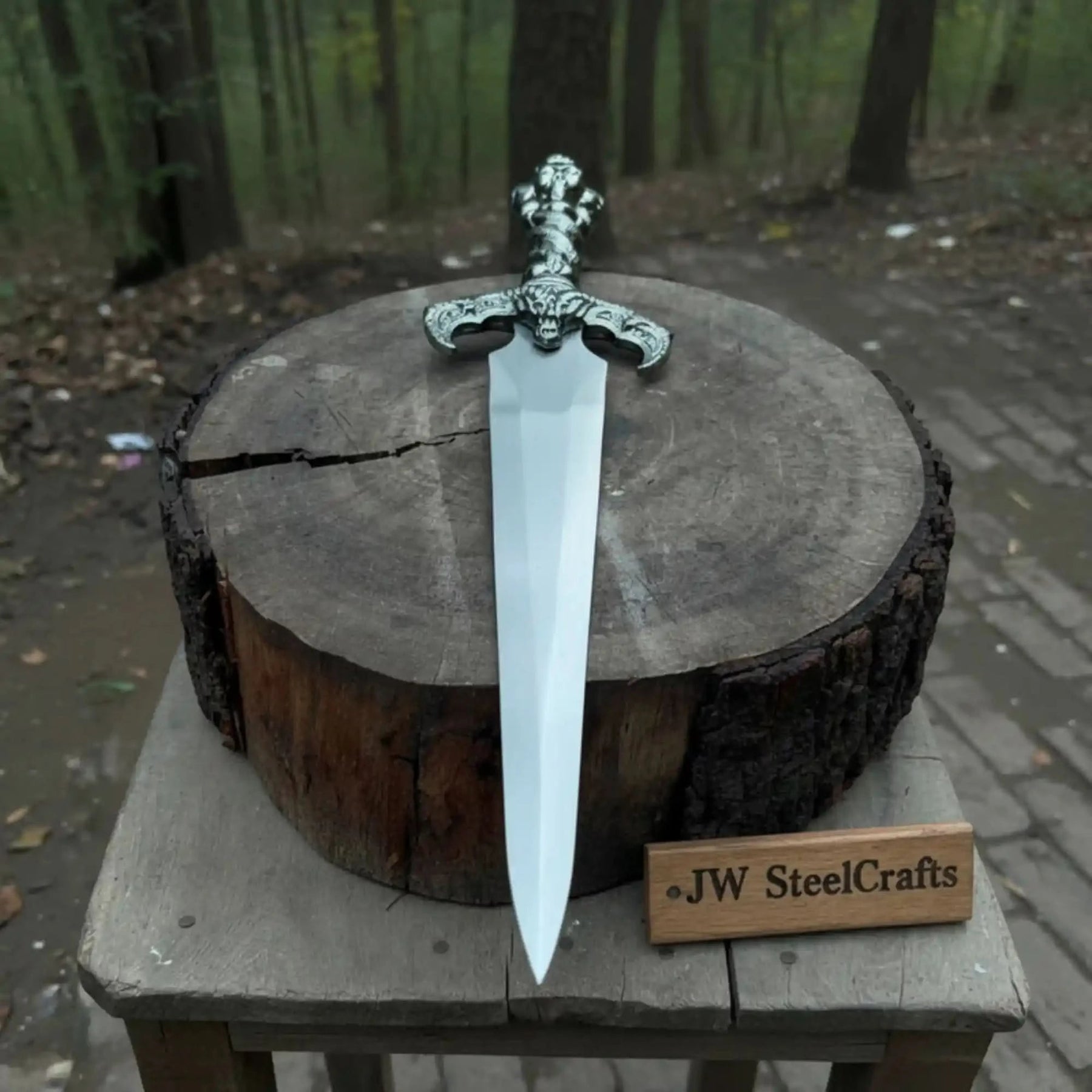 Full-length damascus steel replica sword with premium handle on dark background