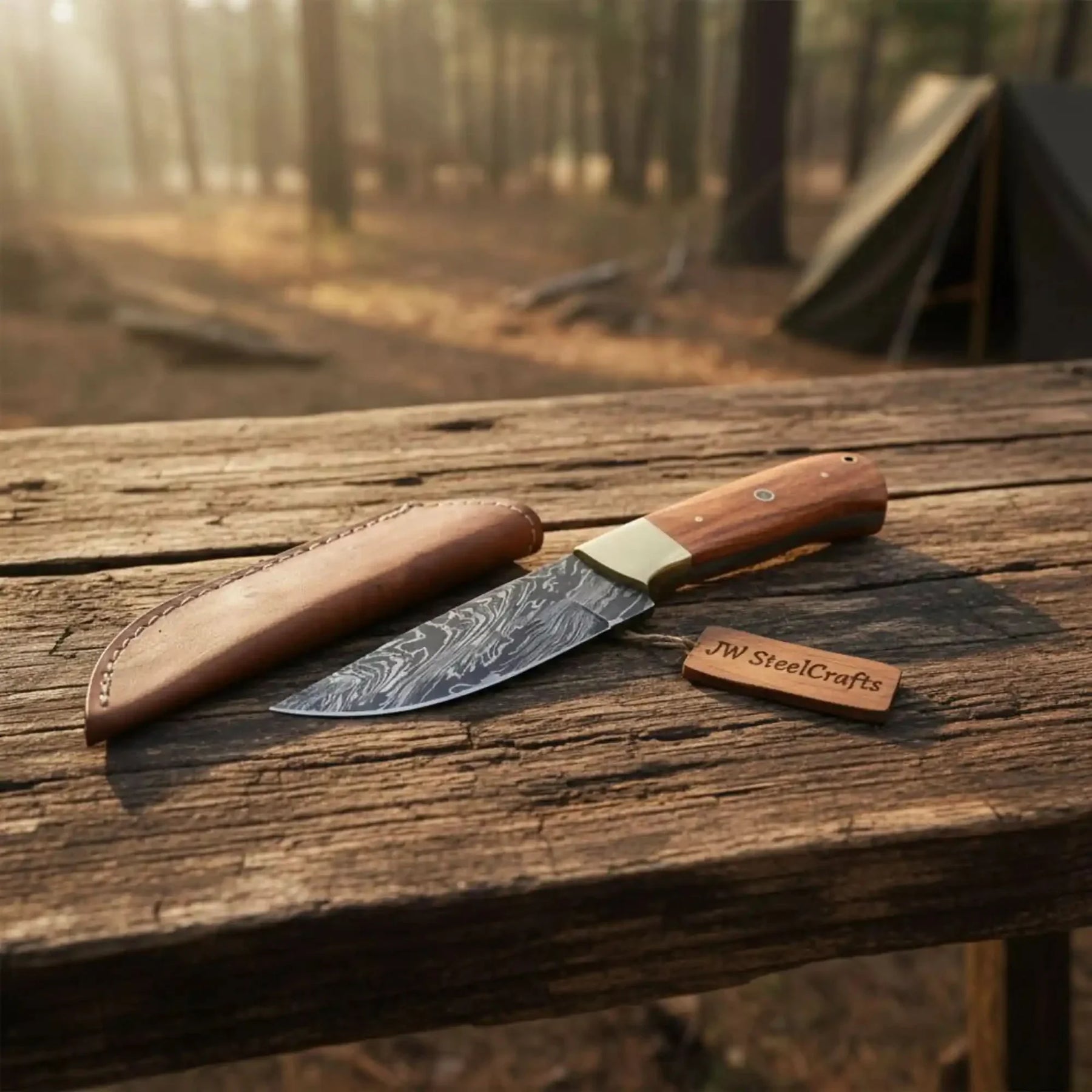Handmade damascus steel knife with wood handle on dark surface